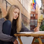 A woman sitting outside studying
