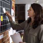 A woman sticking a note onto a black board
