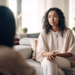 A person sitting on a grey lounge during a therapy session
