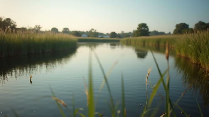A narrow river surrounded by reeds