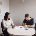 A therapist and client sitting at a table