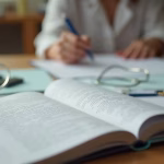 A desk of open books and a person writing