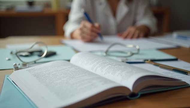 A desk of open books and a person writing